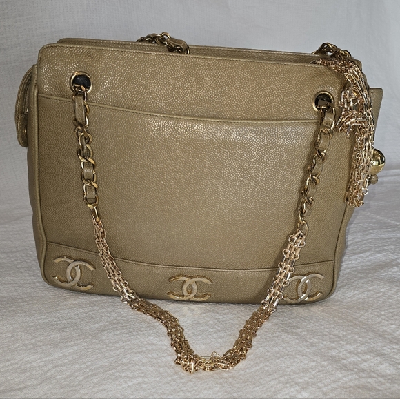 Chanel Caviar Leather Tripple CC Tote Bag Purse Beige 24K Vintage Coco Mark Gold - Picture 1 of 17
